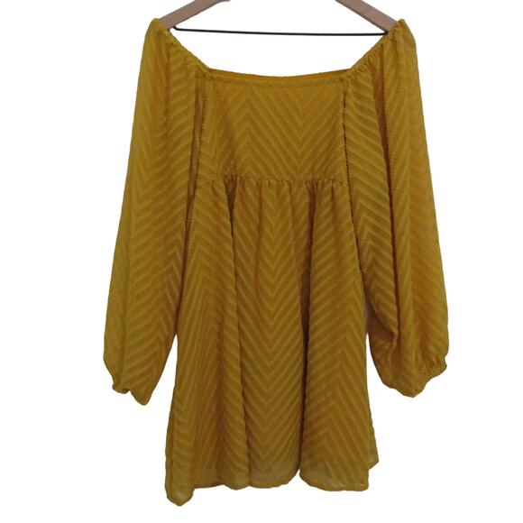 Womens Sz S Mustard Yellow Off the Shoulder Puffy Sleeve Flowy Mini Dress - Picture 1 of 6